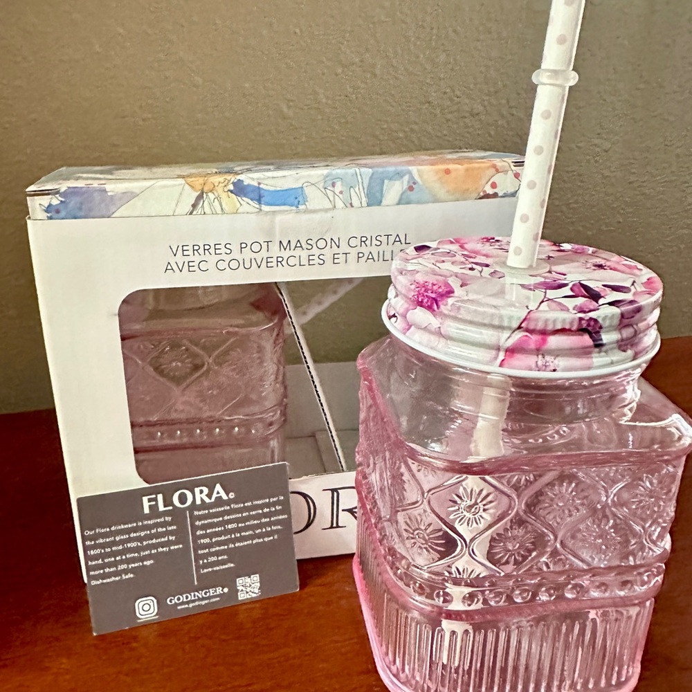 COPY - Set of Godinger Flora Crystal Pink Mason Jar Glasses Lids & Straws 5” 16…